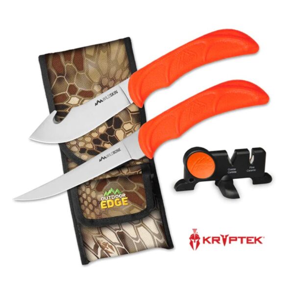 Outdoor Edge WildBone Two-Knife Combo with Sharpener 5" Boning Blade & 4" Skinner Blade Orange - Precision Shot Firearms
