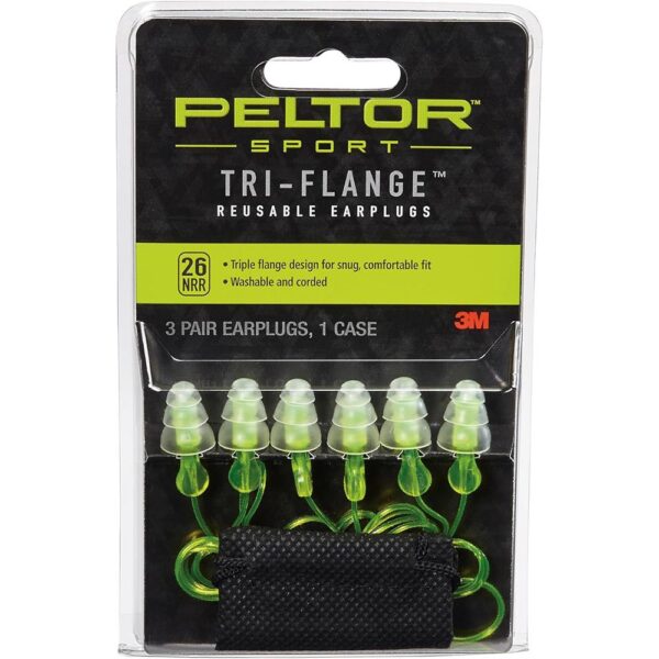 Peltor Sport Tri-Flange Corded Reusable Earplugs 26dB Neon Yellow 3/ct - Precision Shot Firearms