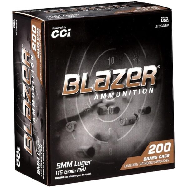 CCI Blazer Brass Handgun Ammunition 9mm Luger 115gr FMJ 1145 fps 200/ct - Precision Shot Firearms