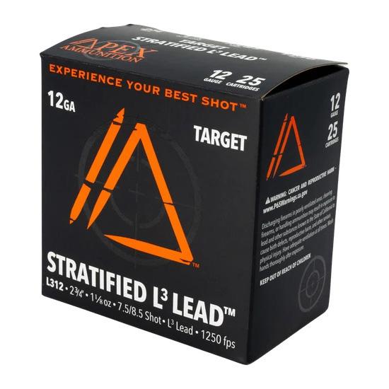 Apex Ammunition Target Stratified L3 Shotshells 12ga 2-3/4" 1-1/8oz 1250 fps #7.5 & #8.5 25/ct - Precision Shot Firearms
