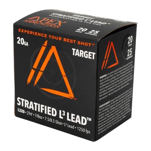 Apex Ammunition Target Stratified L3 Shotshells 20ga 2-3/4" 7/8oz 1250 fps #7.5 & #8.5 25/ct - Precision Shot Firearms