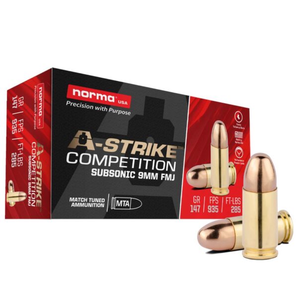 Norma A-Strike Subsonic Handgun Ammunition 9mm Luger 147 FMJ 935 fps 50/ct - Precision Shot Firearms