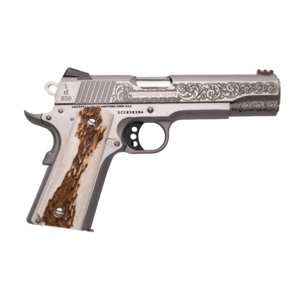 Colt Government Custom Engraved Competition Handgun .45 Auto 7rd Magazine 5" Barrel Stainless Finish Fiber Sight Stag Grips - Precision Shot Firearms