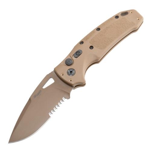 Hogue Sig K320A Tactical Automatic Folder Knife 3 1/2" Drop Point Blade Coyote Tan Partially Serrated - Precision Shot Firearms
