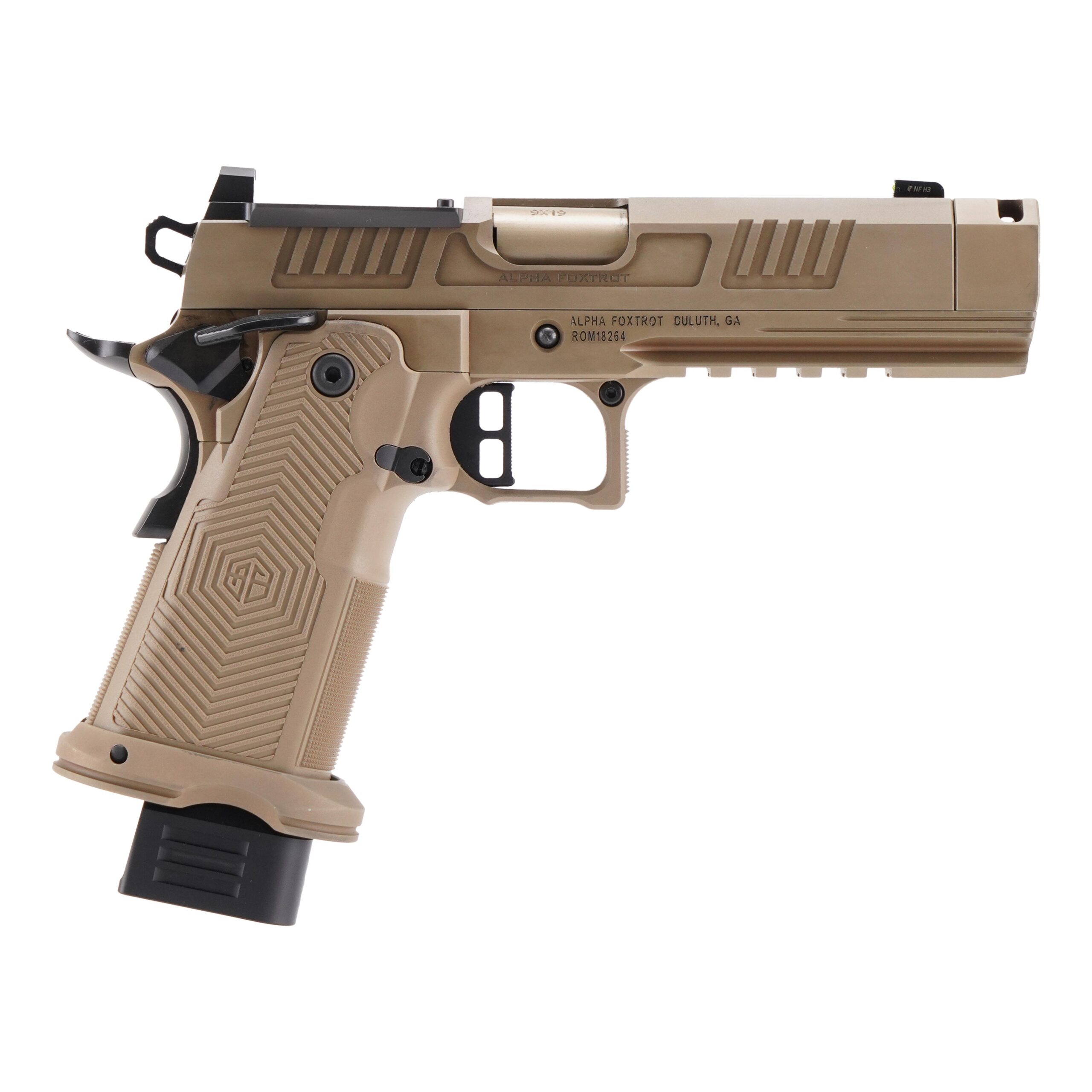 Alpha Foxtrot AF1911-Romulus Handgun 9mm Luger 17rd (1) and 20rd (1) Magazines 4.25" Compensated Threaded Barrel FDE MOS Cut - Precision Shot Firearms