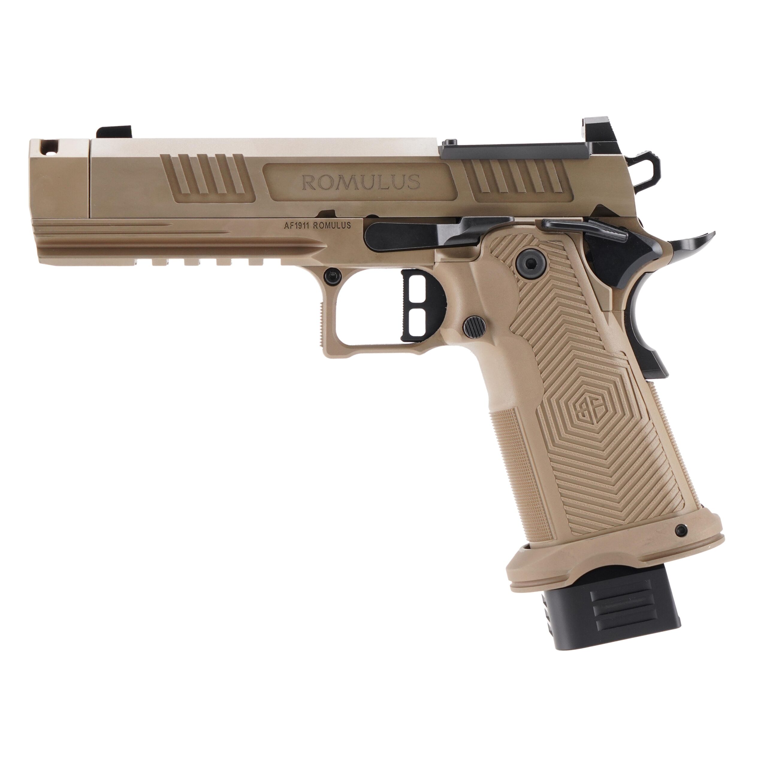 Alpha Foxtrot AF1911-Romulus Handgun 9mm Luger 17rd (1) and 20rd (1) Magazines 4.25" Compensated Threaded Barrel FDE MOS Cut - Precision Shot Firearms