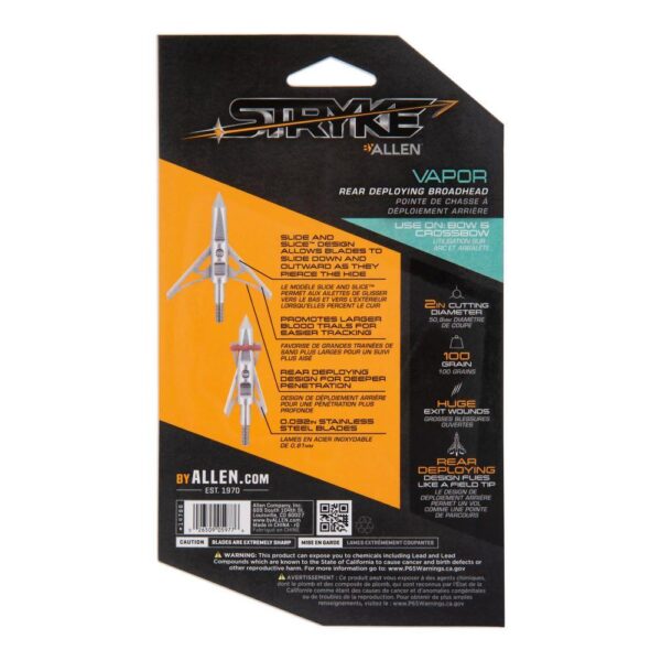 Allen Stryke Vapor Rear Deploying Broadhead 2 Blade 100 Grain 3/ct - Precision Shot Firearms