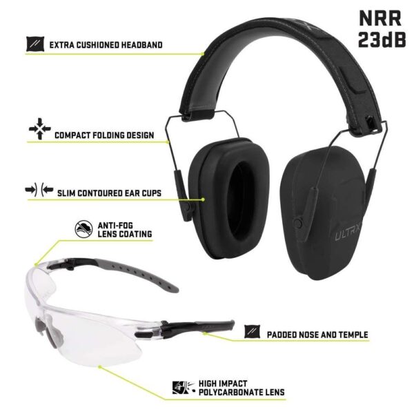 Allen ULTRX Shield Ear & Eye Combo Passive Earmuff 23dB Midnight Grey Shooting Glasses Clear - Precision Shot Firearms