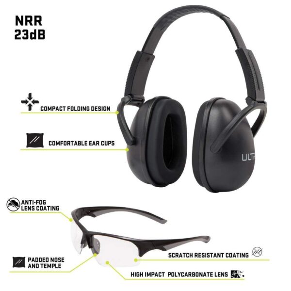 Allen ULTRX Blocker Eye & Ear Protection Combo Passive Ear Muffs 23dB Black Shooting Glasses Clear with Black Frames - Precision Shot Firearms