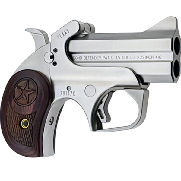 Bond Arms Texas Defender Handgun 2/rd Capacity .45LC/.410 3" Barrel Silver with Rosewood Grip - Precision Shot Firearms