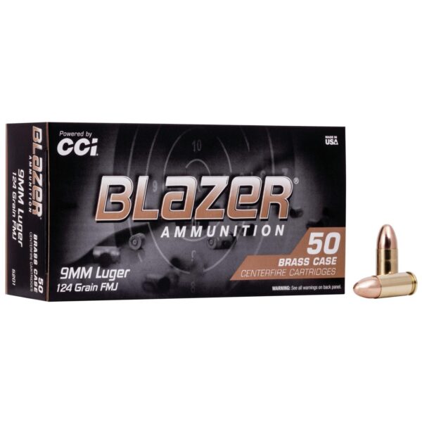 CCI Blazer Brass Handgun Ammunition 9mm Luger 124 gr. FMJ 1090 fps 50/ct - Precision Shot Firearms