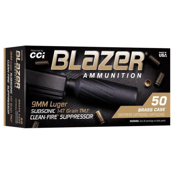 CCI Blazer Brass Clean-Fire Suppressor Handgun Ammunition 9mm Luger 147gr TMJ 900 fps 50/ct - Precision Shot Firearms