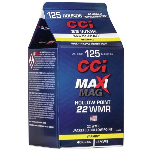CCI Maxi Mag Rimfire Ammunition .22 WMR 40 gr. JHP 1875 fps 125/ct - Precision Shot Firearms