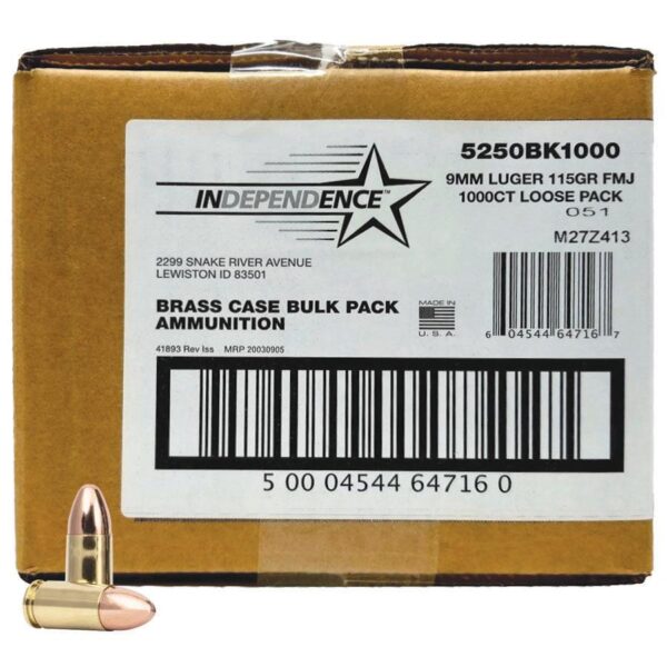 CCI Independence Brass Handgun Ammunition 9mm Luger (+P) 115 gr FMJ 1300 fps 1000/ct (Bulk) - Precision Shot Firearms