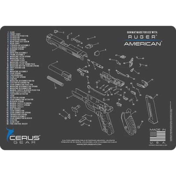 Cerus Gear Ruger American Handgun Schematic Cleaning Mat 12x17 Grey and Blue - Precision Shot Firearms