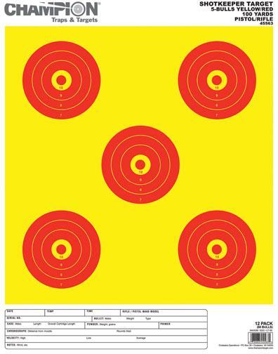 Champion Shotkeeper Targets Yellow & Red 5 Bull Large 12/Pack - Precision Shot Firearms