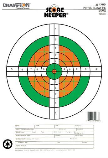 Champion Scorekeeper Targets Fluorescent Orange & Green Bull - 25 yd. Pistol Slow Fire 12/Pack - Precision Shot Firearms