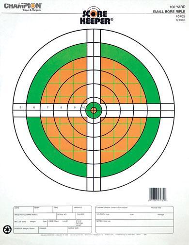 Champion Scorekeeper Targets - Fluorescent Orange & Green Bull - 100 yd. Small Bore Rifle (12-Pack) - Precision Shot Firearms