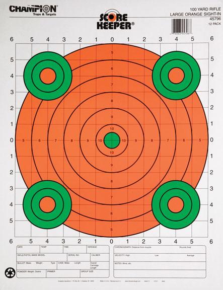 Champion Scorekeeper Targets Fluorescent Orange & Green Bull - 100 yd. Rifle Sight-In 12/Pack - Precision Shot Firearms
