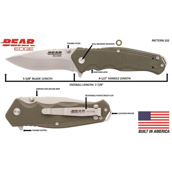 Bear & Son G10 Sideliner Folding Knife 3-3/8" Drop Point Blade OD Green with Trigger Boxed - Precision Shot Firearms