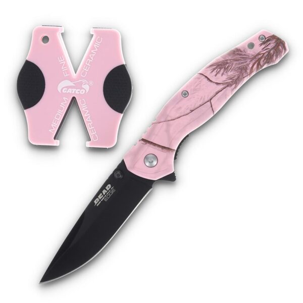 Bear & Son Edge Brisk 2.0 Folding Knife & Sharpener Combo Drop Point Blade Pink Camo - Precision Shot Firearms
