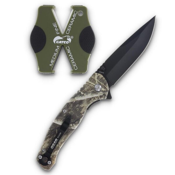 Bear & Son Edge Brisk 2.0 Folding Knife & Sharpener Combo Drop Point Blade Brown Camo - Precision Shot Firearms