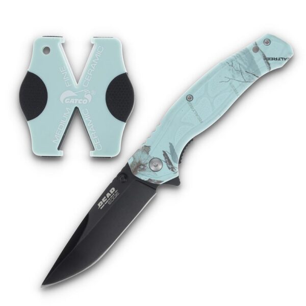 Bear & Son Edge Brisk 2.0 Folding Knife & Sharpener Combo Drop Point Blade Teal Camo - Precision Shot Firearms