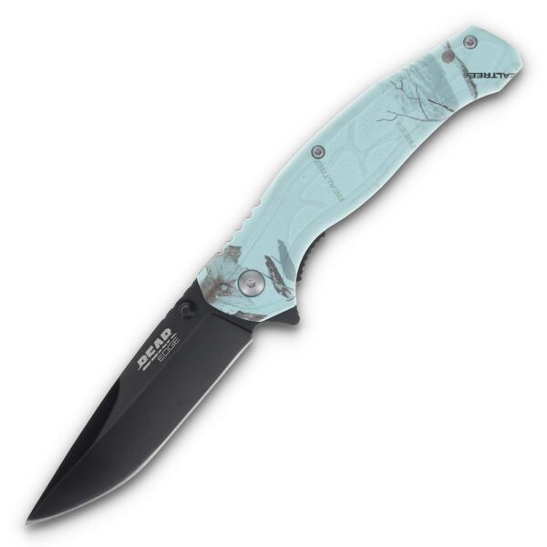 Bear & Son Edge Brisk 2.0 Folding Knife & Sharpener Combo Drop Point Blade Teal Camo - Precision Shot Firearms