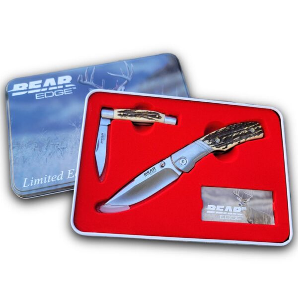 Bear & Son Limited Edition Gift Tin Two Folding Knife Combo Set Stag Delrin - Precision Shot Firearms
