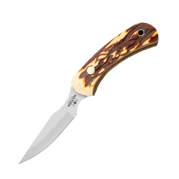 Bear & Son Ergonomic Caper Fixed Knife 2-1/2" Clip Point Blade Stag Delrin with Leather Sheath - Precision Shot Firearms