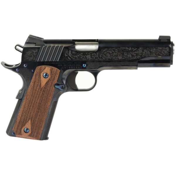 Standard Mfg 1911 Handgun .45 ACP 7rd Magazine 5" Barrel Black and Royal Blue Engraving with Brown Grips - Precision Shot Firearms