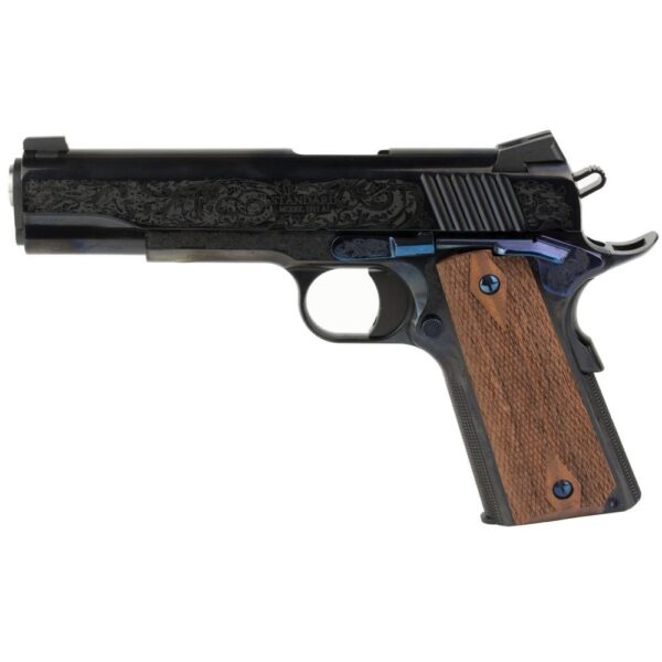 Standard Mfg 1911 Handgun .45 ACP 7rd Magazine 5" Barrel Black and Royal Blue Engraving with Brown Grips - Precision Shot Firearms