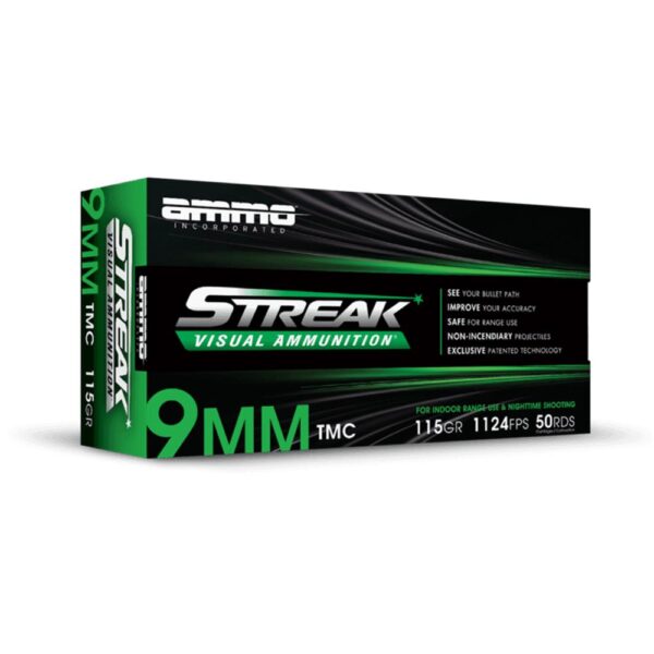 Ammo Inc Streak Handgun Ammunition 9mm Luger Green 115gr TMJ 1124 fps 50/ct - Precision Shot Firearms