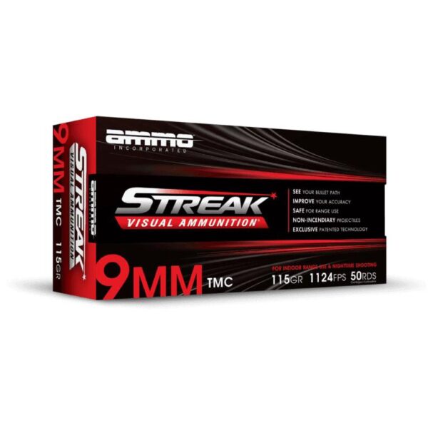 Ammo Inc Streak Red Handgun Ammunition 9mm Luger 115gr TMC 1124 fps 50/ct - Precision Shot Firearms