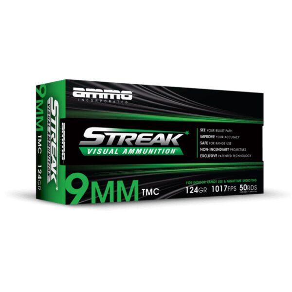 Ammo Inc Streak Green Handgun Ammunition 9mm Luger 124gr TMC 1065 fps 50/ct - Precision Shot Firearms