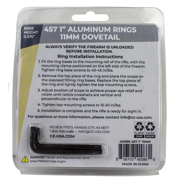 CZ Rings 457 455 1" 11mm Dovetail Aluminum Base Height 0.575" - Precision Shot Firearms