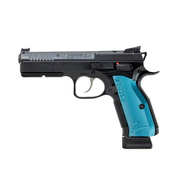 CZ Shadow 2 Optic Ready Handgun 9mm Luger 19rd Magazine 4.89" Barrel Black Frame Blue Grips - Precision Shot Firearms