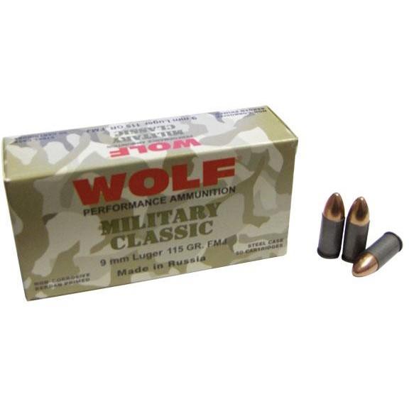 Wolf Miltary Classic Handgun Ammunition 9mm Luger 115 gr FMJ 1150 fps 50/ct - Precision Shot Firearms