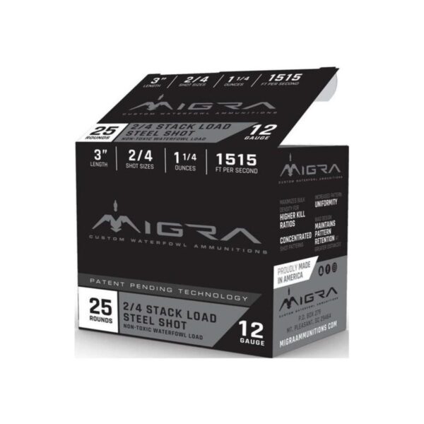 Migra Ammunition Stack Shotshell 12ga 3" 1-1/4 oz 1515 fps 2/4 shot 25/ct - Precision Shot Firearms