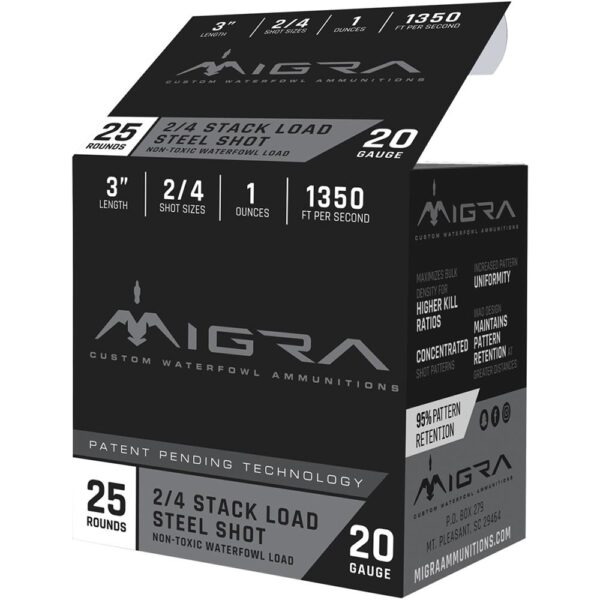 Migra Waterfowl Steel Shot Shotshell 20 ga 3" 1 oz 1350 fps #2 #4 25/ct - Precision Shot Firearms