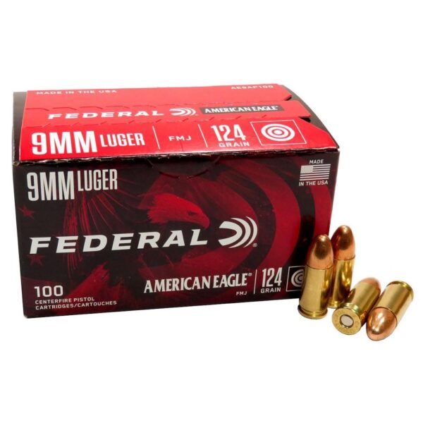 Federal American Eagle Handgun Ammo 9mm Luger 124 gr FMJ 1150 fps 100/ct - Precision Shot Firearms