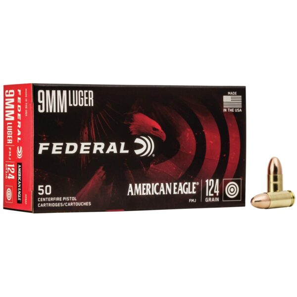 American Eagle Handgun Ammunition 9mm Luger 124 gr FMJ 1150 fps 50/ct - Precision Shot Firearms