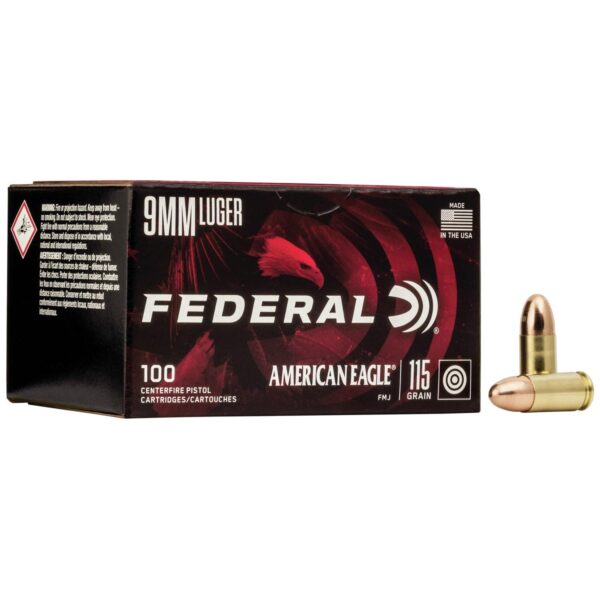 American Eagle Handgun Ammunition 9mm Luger 115 gr FMJ 1180 fps 100/ct - Precision Shot Firearms
