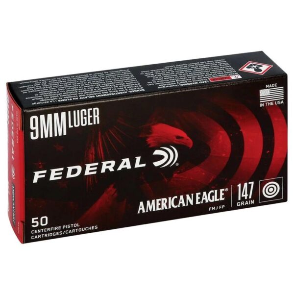 American Eagle Handgun Ammunition 9mm Luger 147 gr FMJ 1000 fps 50/ct - Precision Shot Firearms