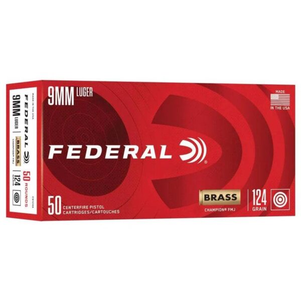 Federal Champion Training Handgun Ammunition 9mm Luger 124gr FMJ 1090 fps 50/ct - Precision Shot Firearms