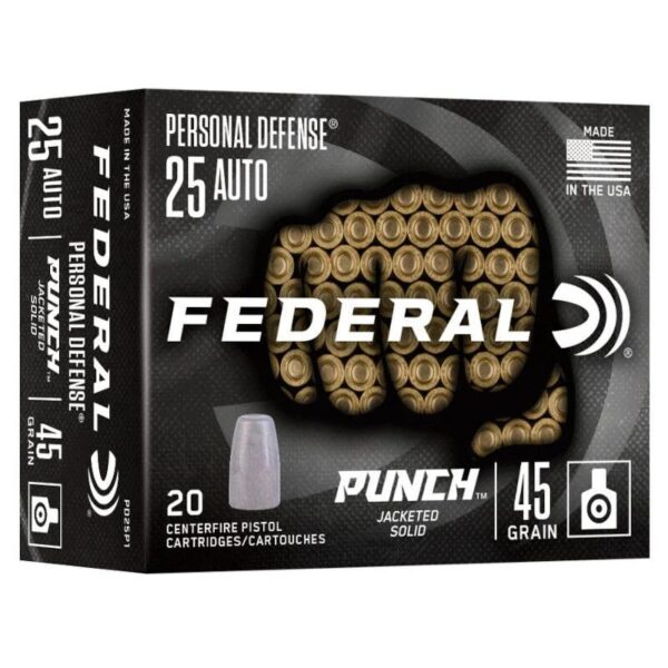 Federal Personal Defense Punch Handgun Ammunition .25 Auto 45gr Solid 825 fps 20/ct - Precision Shot Firearms