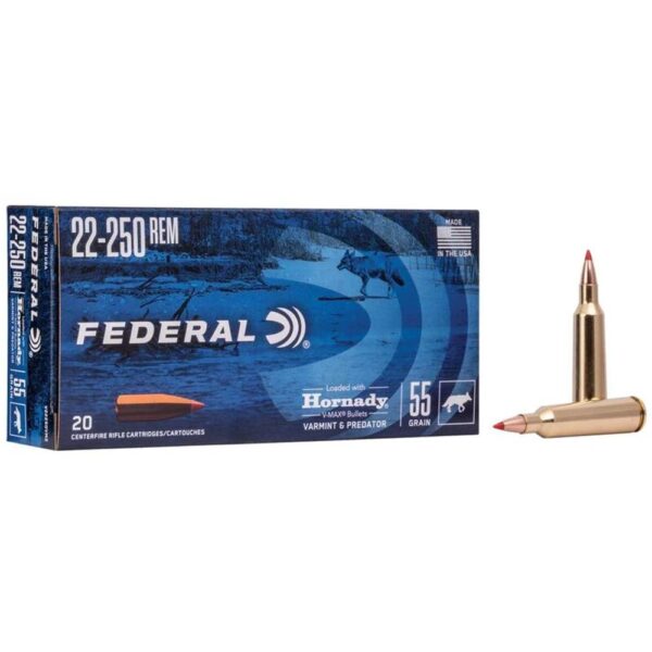 Federal Varmint & Predator Rifle Ammunition .22-250 Rem 55 gr V-MAX 4200 fps 20/ct - Precision Shot Firearms
