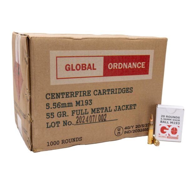 Global Ordnance M193 Rifle Ammunition 5.56mm 55gr FMJ 3162 fps 1000/ct Case (50-20/ct Boxes) - Precision Shot Firearms