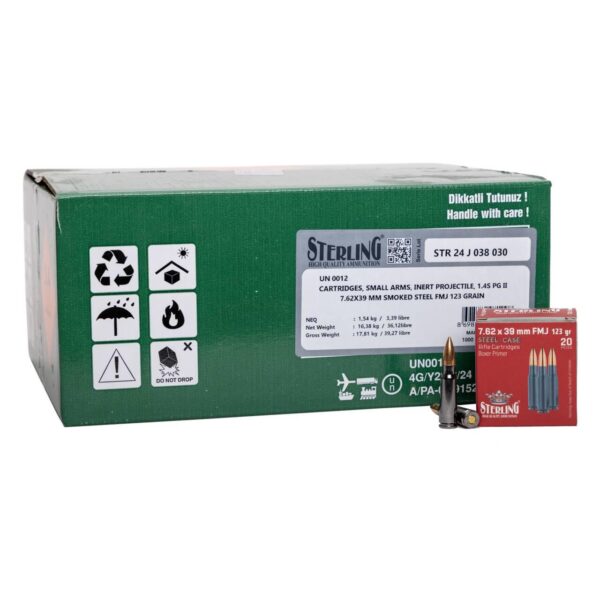 Global Ordnance Sterling Steel Case Select Rifle Ammunition 7.62x39mm 123 gr FMJ 2362 fps 1000/ct (50-20/ct Boxes) - Precision Shot Firearms