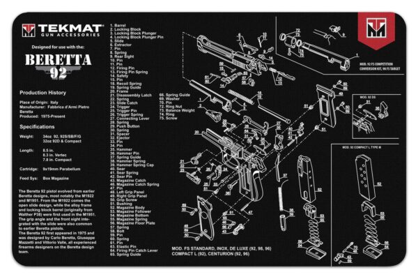 TekMat 11x17 Gun Cleaning Mat-Beretta 92 - Precision Shot Firearms